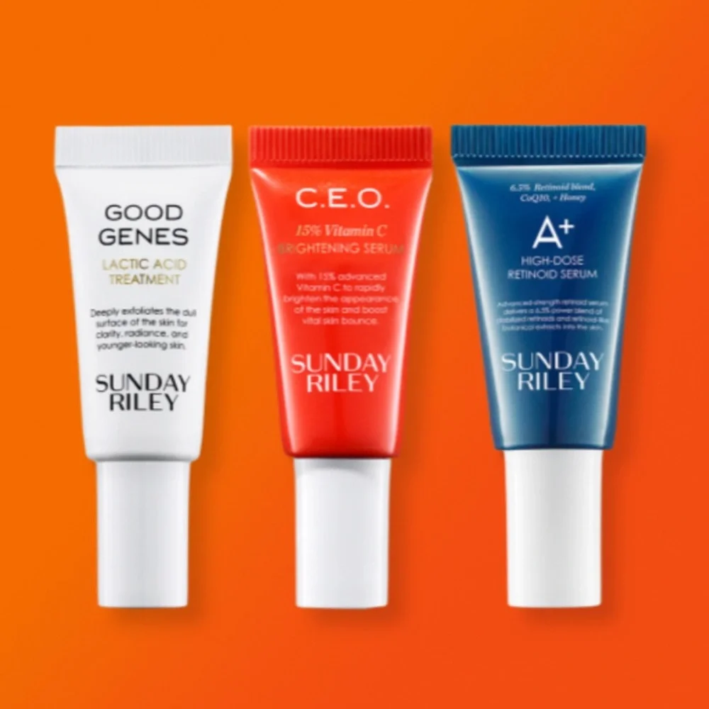 SUNDAY RILEY 3p CEO Vit C Serum, Good Genes Lactid Acid, A+ Retinoid Serum $42